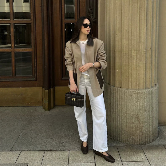 Damen Boxy-Fieldjacke mit kontrastkragen in Lederoptik und aufgesetzten Taschen Shop Nory