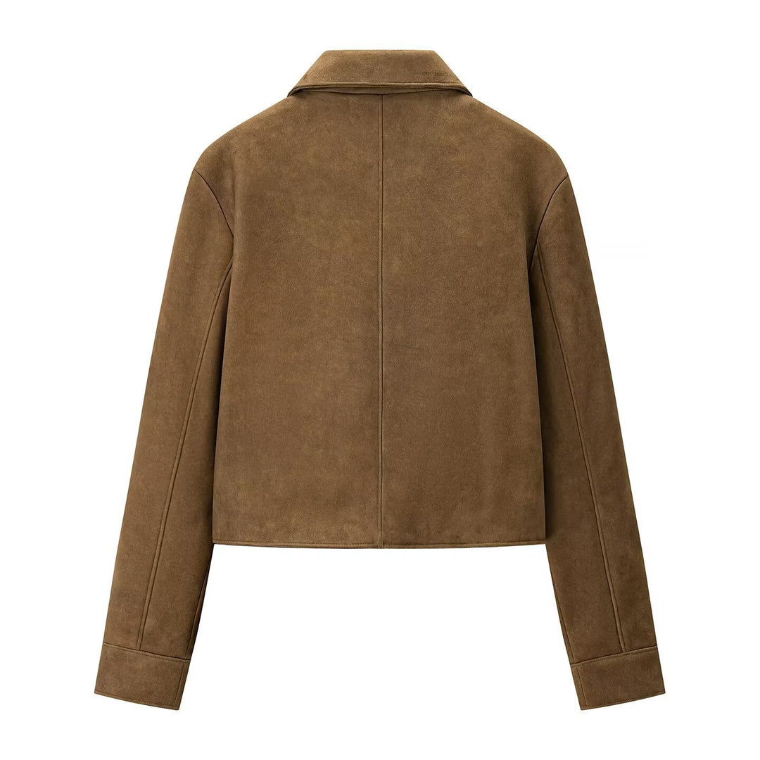 Damen kurz geschnittene Veloursleder‑Optik Jacke mit Hemdkragen und Knopfleiste Shop Nory