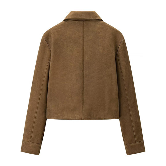 Damen kurz geschnittene Veloursleder‑Optik Jacke mit Hemdkragen und Knopfleiste Shop Nory
