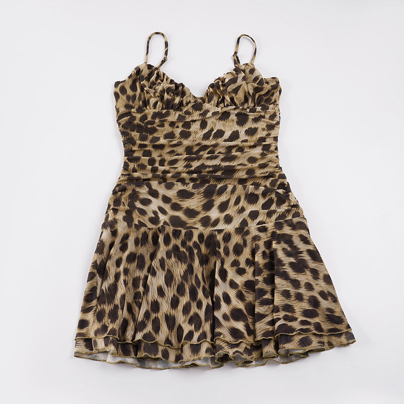 Damen Tiermuster Kleid mit Rüschen und Spaghettiträgern