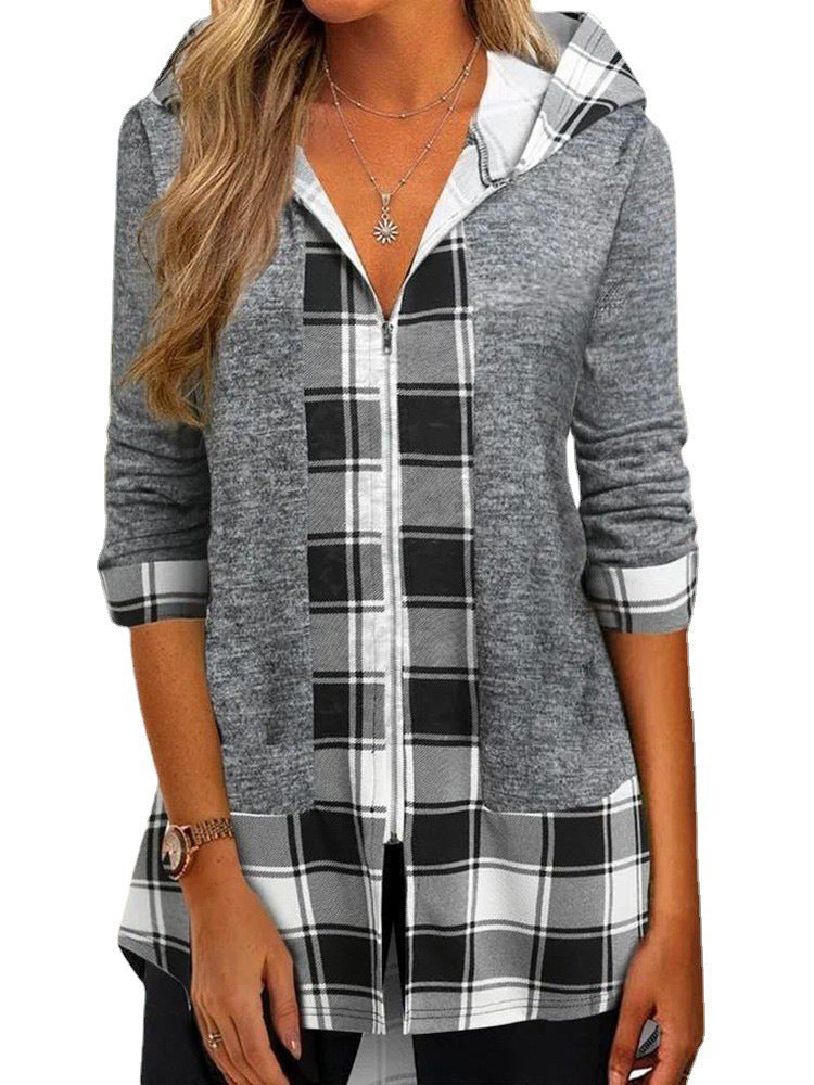 Damen Kapuzen-Strickjacke mit Reißverschluss und Karomix-Einsatz Shop Nory
