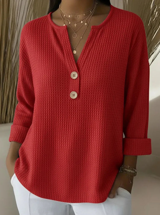 Damen nan Waffelstruktur Henley-Shirt mit V-Ausschnitt kurze Knopfleiste und krempelbaren 3/4-Ärmeln Shop Nory