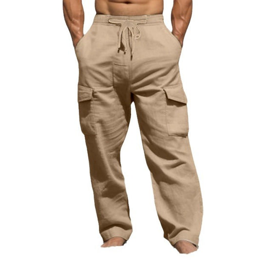 Herren weite Freizeit-Cargohose aus Leinenmix mit Tunnelzugbund, aufgesetzten Klappentaschen und entspanntem Strandfit Shop Nory