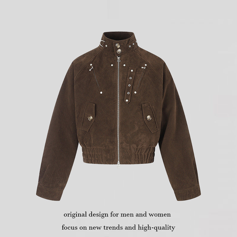Damen kurze Wildleder‑Bomberjacke mit hohem Stehkragen und metallischen Details Shop Nory