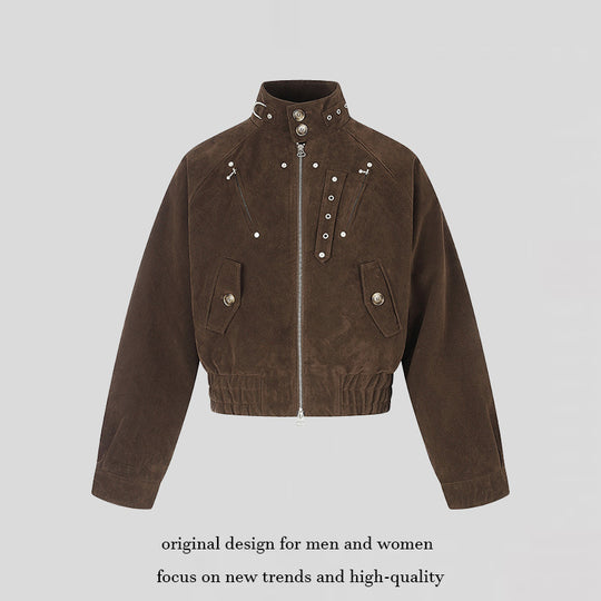 Damen kurze Wildleder‑Bomberjacke mit hohem Stehkragen und metallischen Details Shop Nory