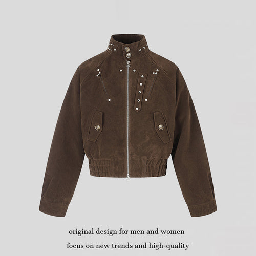 Damen kurze Wildleder‑Bomberjacke mit hohem Stehkragen und metallischen Details Shop Nory