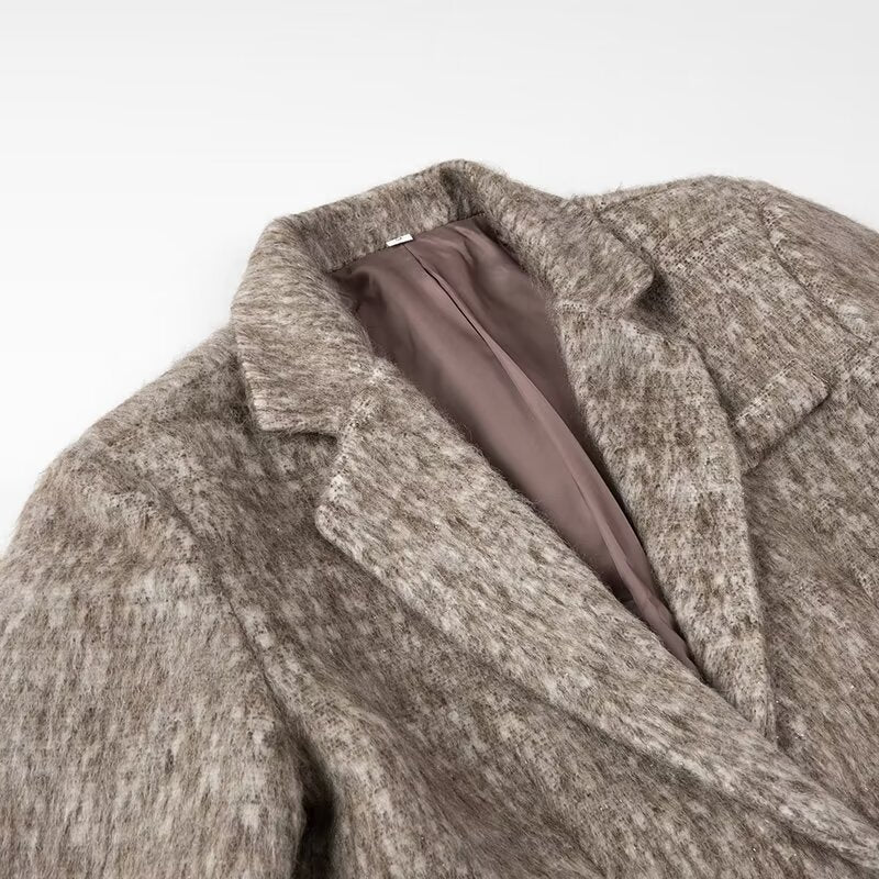 Damen Boxy Wollmix-Blazer-Mantel mit Bouclé‑Struktur, Reverskragen und Pattentaschen Shop Nory
