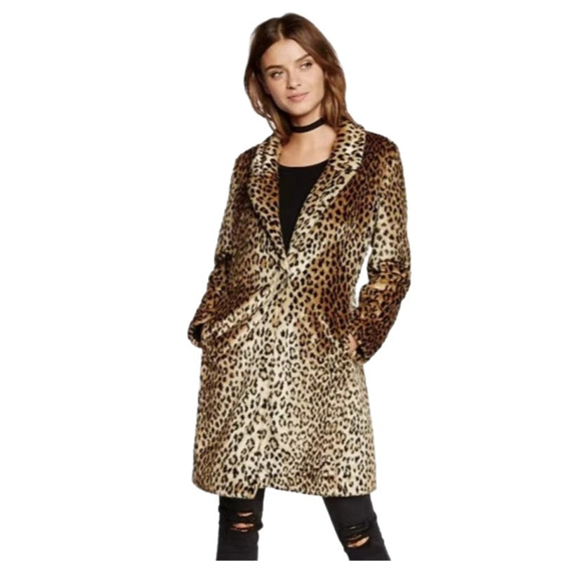 Damen Midilanger Faux‑Fur‑Mantel im Leopardenprint mit Reverskragen und Eingrifftaschen Shop Nory