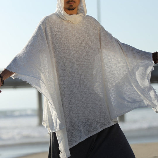 Herren Strand-Tunika aus luftigem Grobstrick mit Kapuze und Fransen Shop Nory