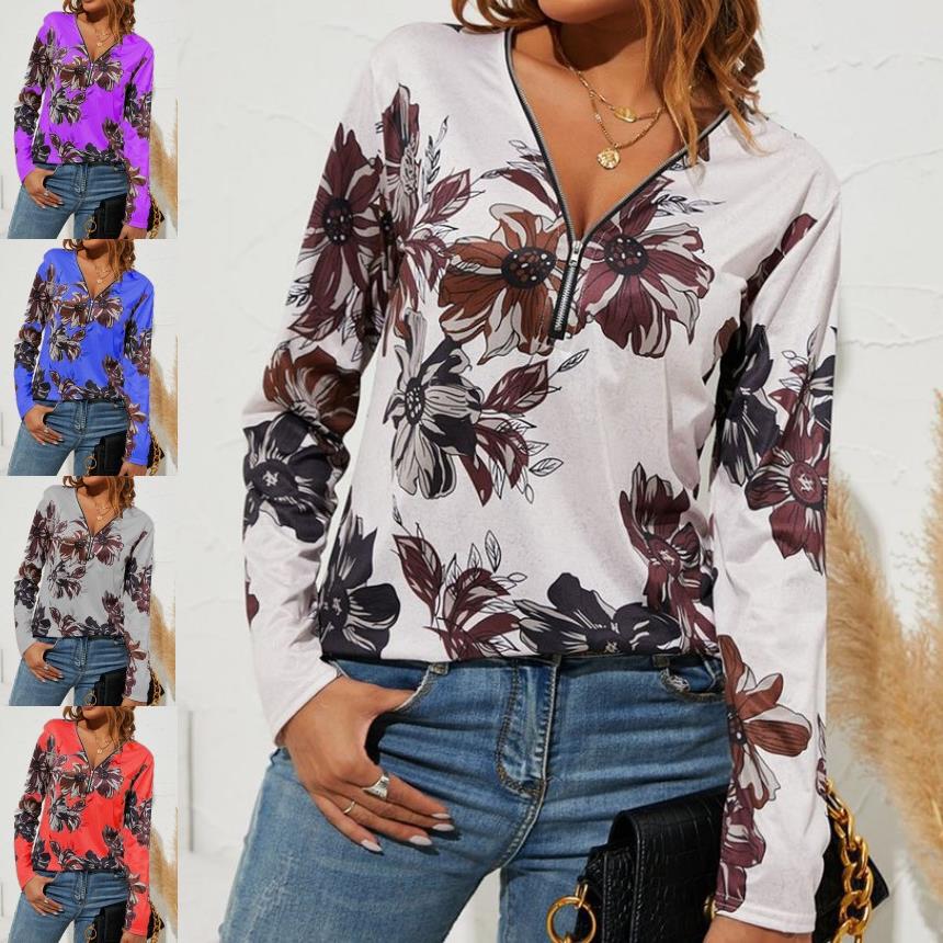 Damen Langarmshirt mit Reißverschluss V-Ausschnitt und großem Blumenmuster Shop Nory