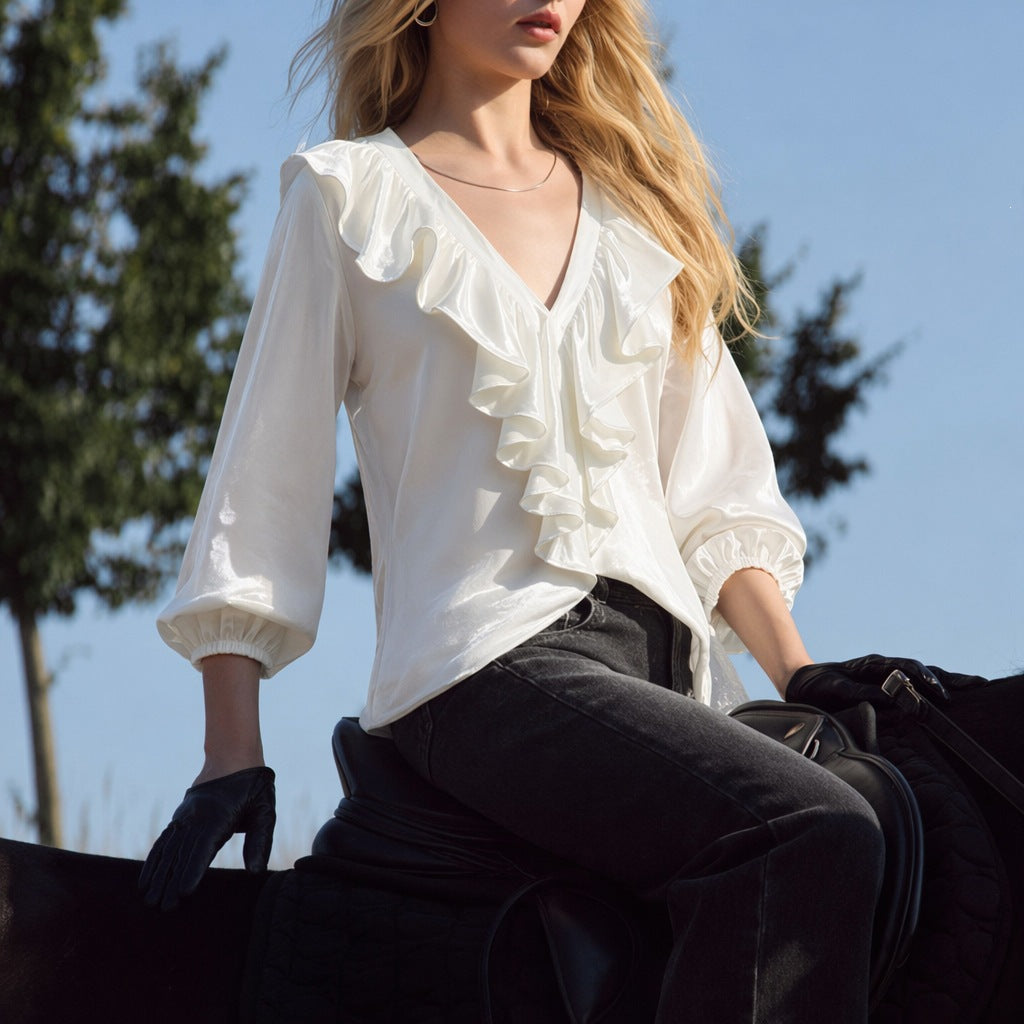 Damen schimmernde V-Neck Rüschenbluse mit Ballonärmeln und elastischen Bündchen Shop Nory
