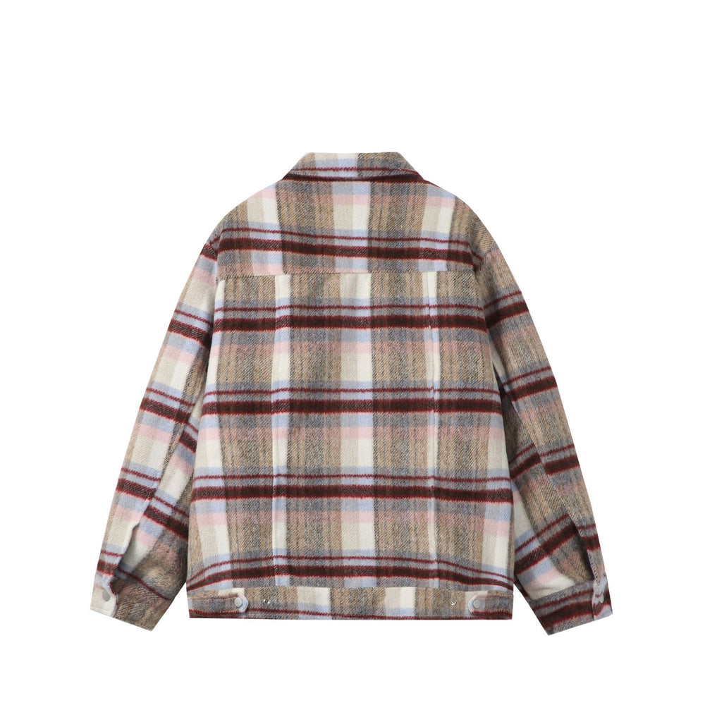 Damen Kurz geschnittene karierte Overshirt‑Jacke aus Wollmix mit Druckknopf‑Front und Pattentaschen Shop Nory