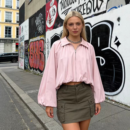 Damen Kurze Oversize-Bomberjacke mit Volumenärmeln und Gummizug Shop Nory