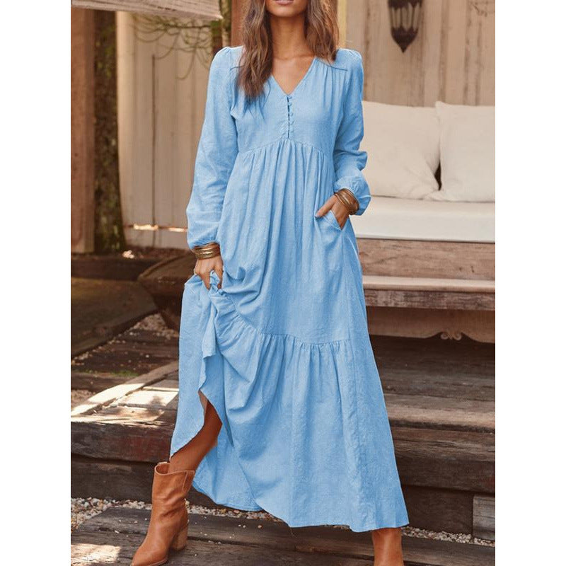 Damen Langes Stufenkleid aus Leinenmix mit V-Ausschnitt und Eingrifftaschen Shop Nory