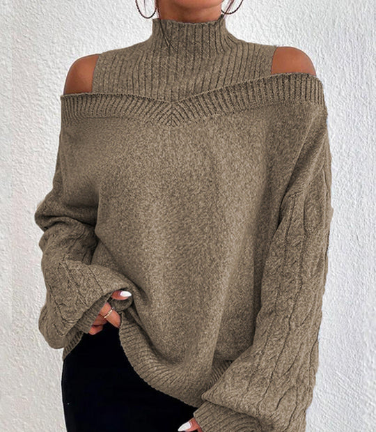 Damen nan schulterfreier Strickpullover mit Stehkragen und Zopfmusterärmeln Shop Nory