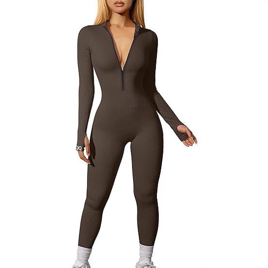 Damen nan figurbetonter Ripp-Jumpsuit mit hohem Halsausschnitt, langem Arm und sculptender Nahtführung Shop Nory