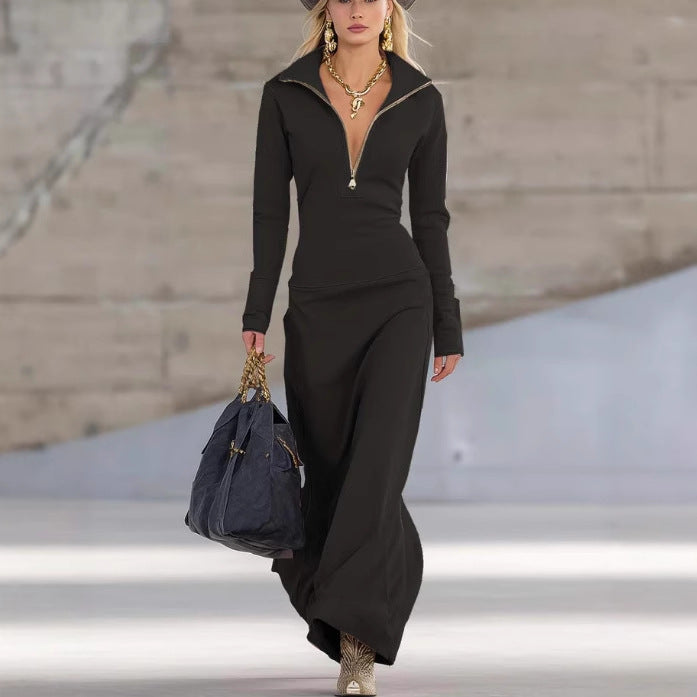 Damen Elegantes Jersey-Maxi-Kleid mit Halbzip-Kragen, taillierter Silhouette und fließendem Rock Shop Nory