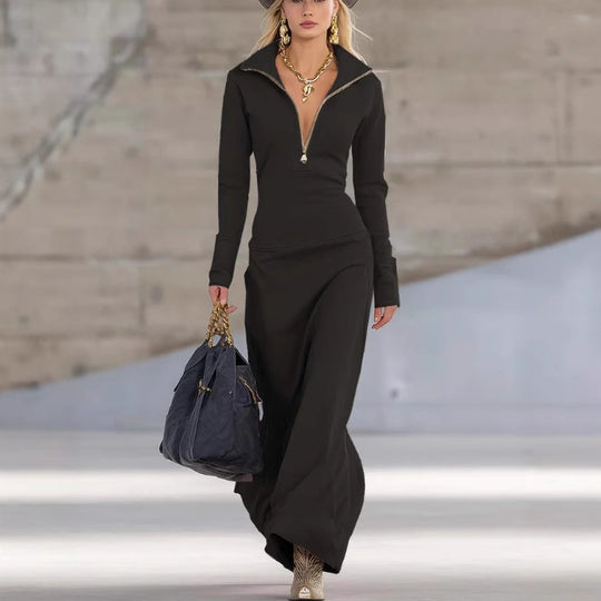 Damen Elegantes Jersey-Maxi-Kleid mit Halbzip-Kragen, taillierter Silhouette und fließendem Rock Shop Nory