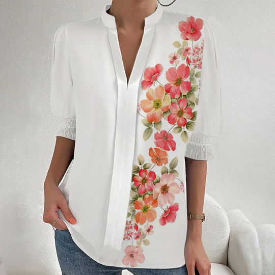 Damen Blumenprint Tunika-Bluse mit Stehkragen, geschlitzter V‑Blende und gerafften 3/4-Ärmeln Shop Nory