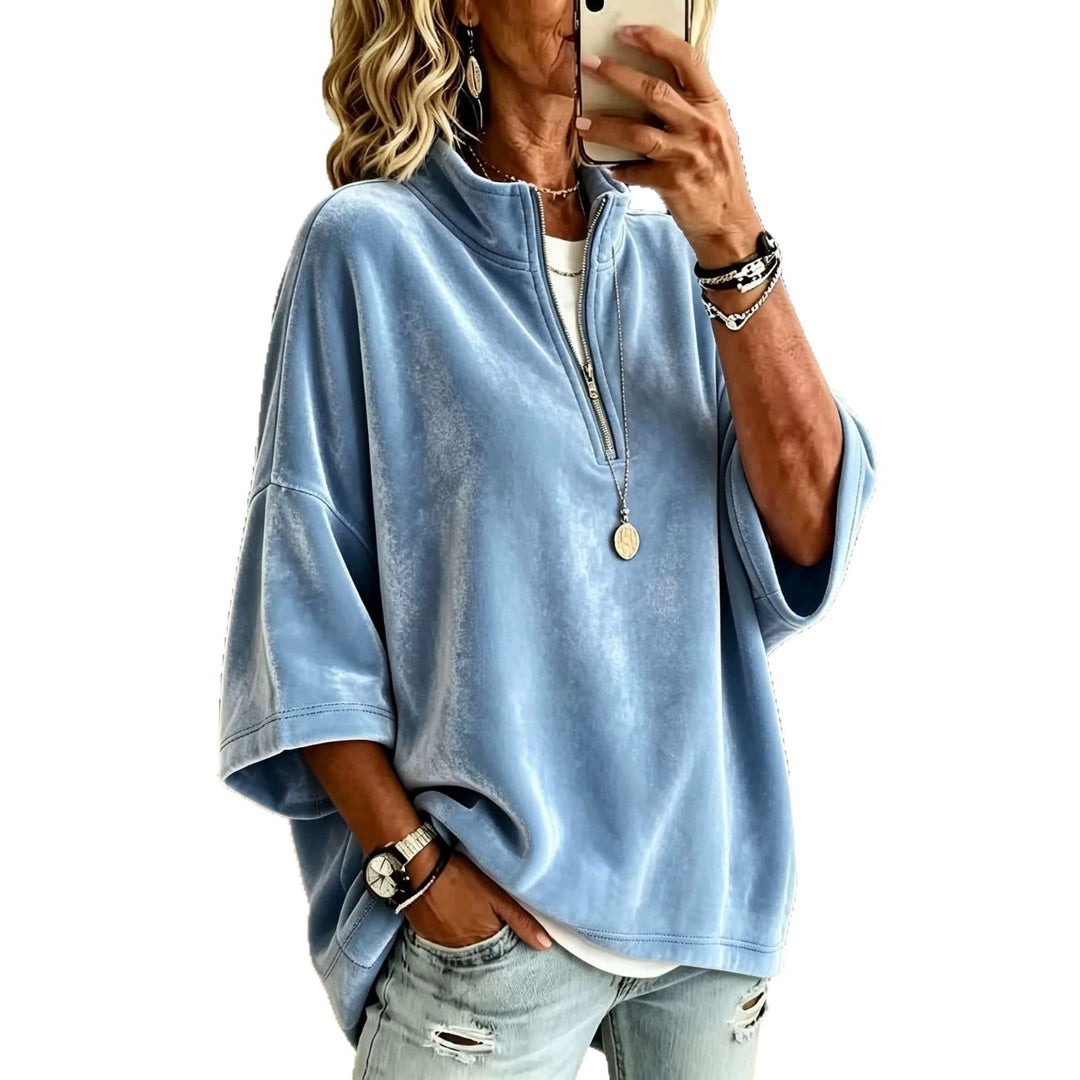 Damen Oversize Samt-Pullover mit kurzem Reißverschluss und Stehkragen Shop Nory