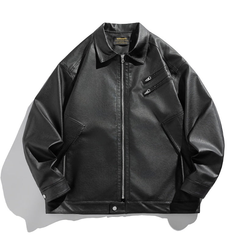 Herren Kurz geschnittener Boxy-Kunstlederblouson mit hochgeschlossenem Kragen und Zipper-Brusttaschen Shop Nory
