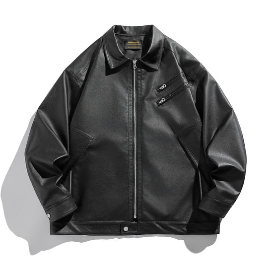 Herren Kurz geschnittener Boxy-Kunstlederblouson mit hochgeschlossenem Kragen und Zipper-Brusttaschen Shop Nory