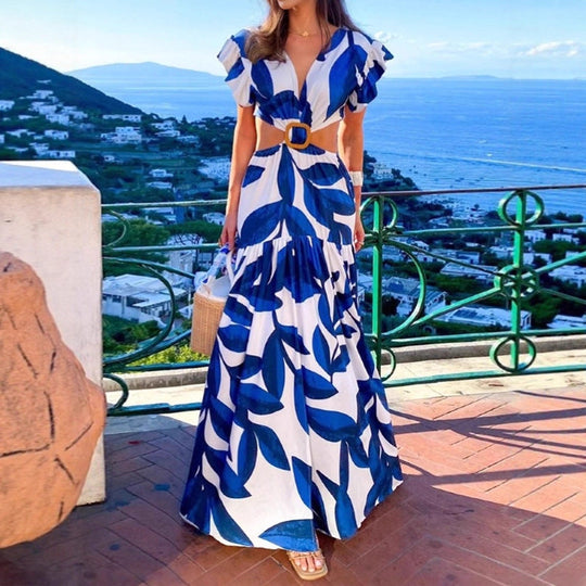 Damen Maxi-Kleid mit raffinierten Cut-Out-Details und voluminösen Rüschen Shopnory