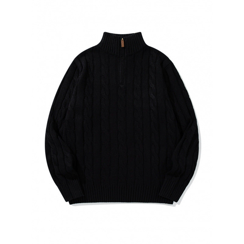 Unisex Grobgestrickter Halbreißverschluss-Zopfmuster-Pullover mit Stehkragen und gerippten Abschlüssen Shop Nory