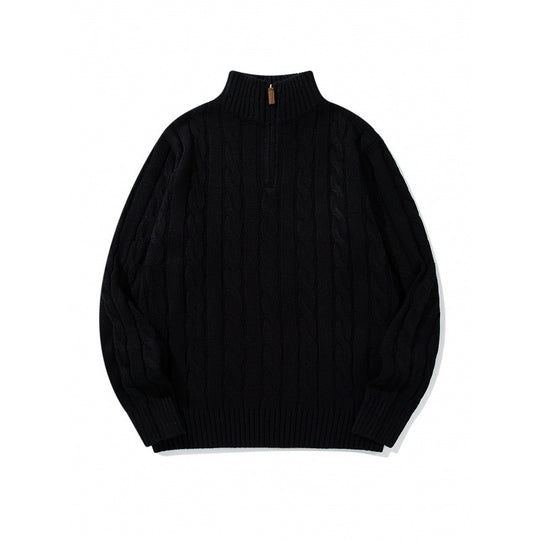 Unisex Grobgestrickter Halbreißverschluss-Zopfmuster-Pullover mit Stehkragen und gerippten Abschlüssen Shop Nory