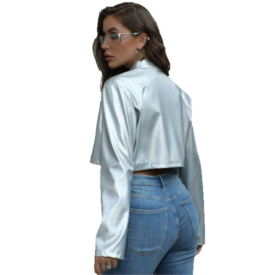 Damen Kurze glänzende Kunstleder-Bikerjacke mit Stehkragen Shop Nory