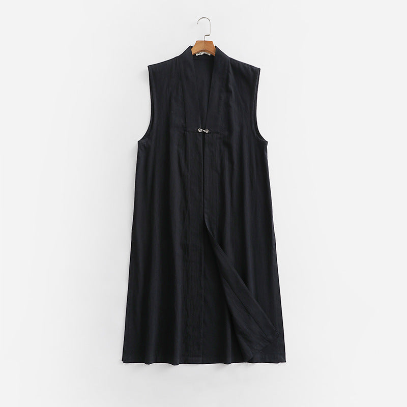 Damen Langer ärmelloser Kimono-Weste aus Leinenmix mit schmaler Schalkante und dekorativem Knebelverschluss Shop Nory