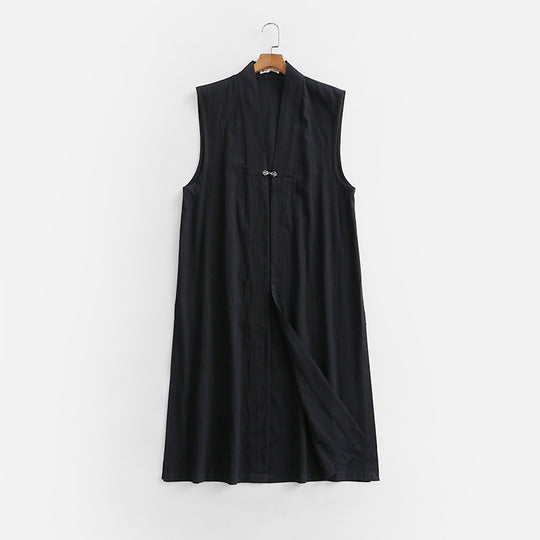 Damen Langer ärmelloser Kimono-Weste aus Leinenmix mit schmaler Schalkante und dekorativem Knebelverschluss Shop Nory