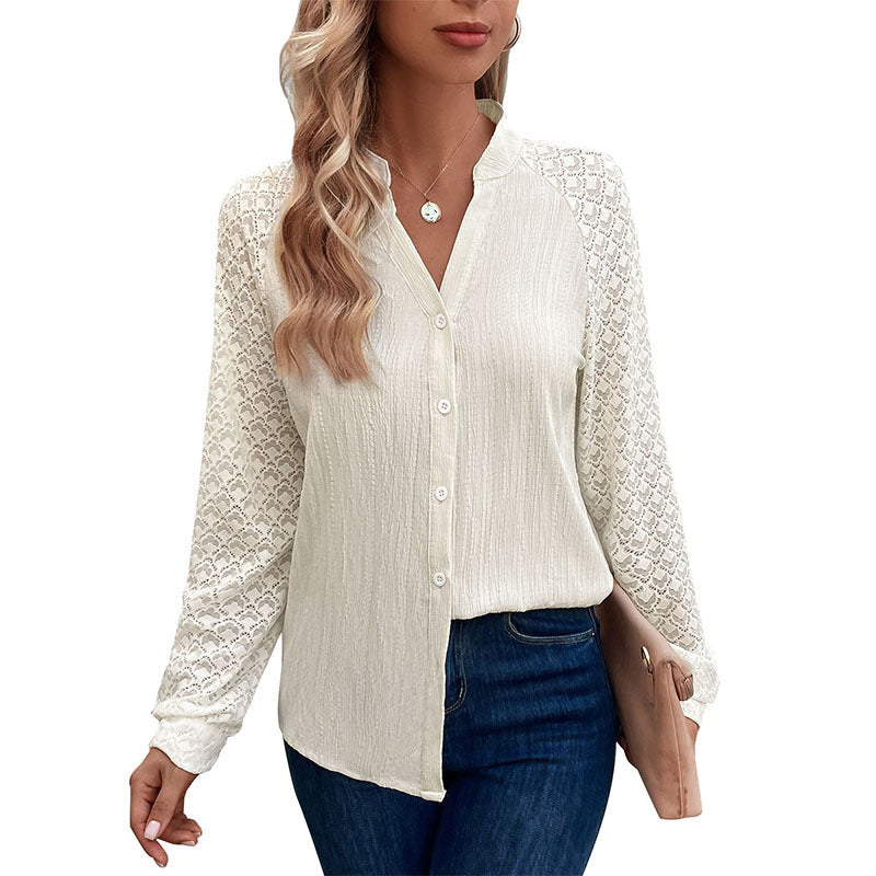 Damen Spitzenbluse mit Knopfleiste, Stehkragen und gehäkelten Raglanärmeln Shop Nory