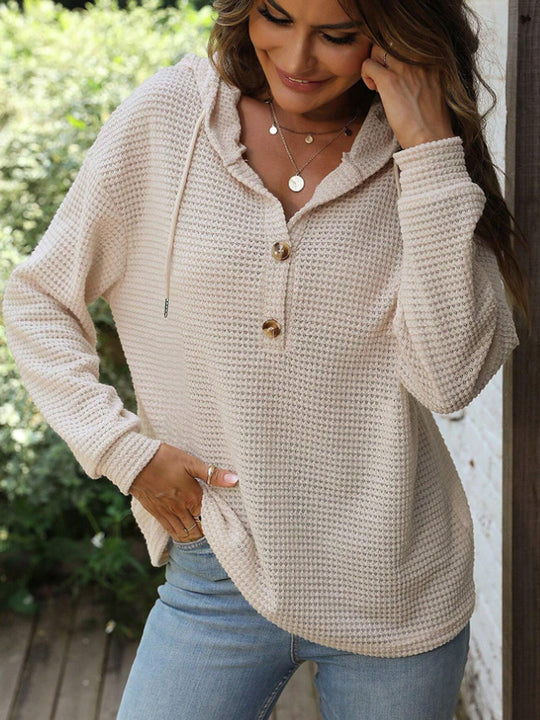 Damen Waffelstrick Kapuzenpullover mit Knopfleiste und Rüschenkragen Shop Nory