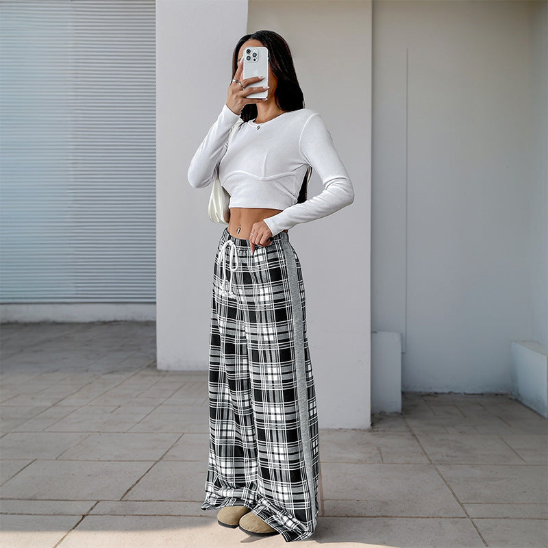 Damen Weite Lounge‑Hose im Karomuster mit elastischem Bund und Kontrast‑Seitpanel Shop Nory
