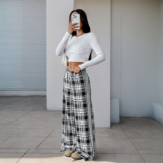 Damen Weite Lounge‑Hose im Karomuster mit elastischem Bund und Kontrast‑Seitpanel Shop Nory