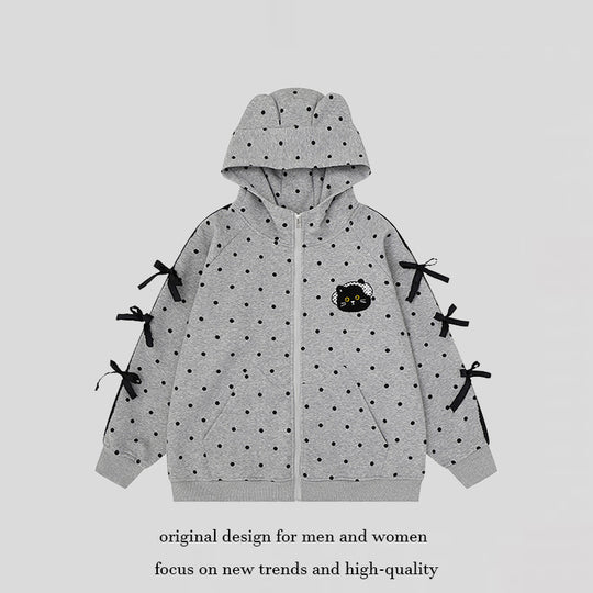 Damen Kapuzen‑Sweatjacke mit Punkte‑Allover, Katzen‑Patch, Schleifenärmeln und Ohrenkapuze Shop Nory