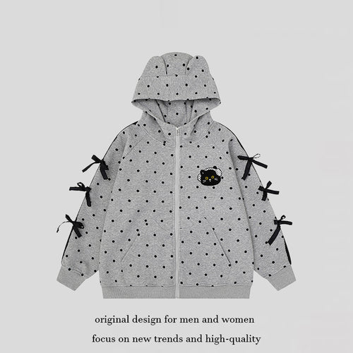 Damen Kapuzen‑Sweatjacke mit Punkte‑Allover, Katzen‑Patch, Schleifenärmeln und Ohrenkapuze Shop Nory