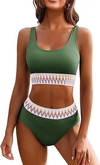 Damen Hochgeschnittener Sport-Bikini mit farbigem Bund