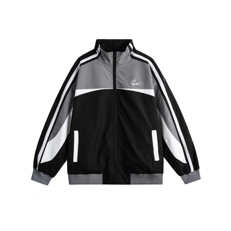 Unisex Leichte Retro-Trackjacke mit Stehkragen, kontrastierenden Streifen und gerippten Bündchen Shop Nory