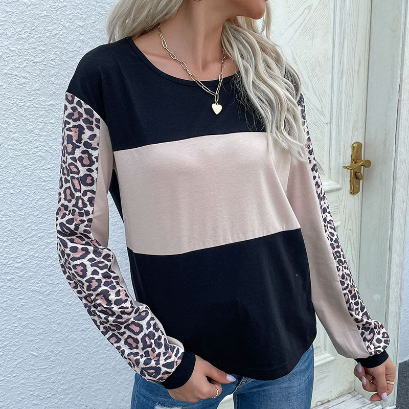 Damen Colorblock-Sweatshirt mit Leopardenärmeln und Rundhalsausschnitt Shop Nory