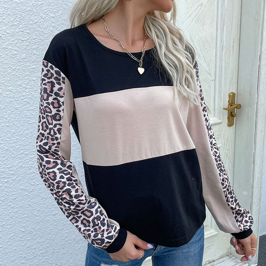 Damen Colorblock-Sweatshirt mit Leopardenärmeln und Rundhalsausschnitt Shop Nory