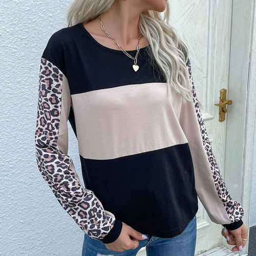 Damen Colorblock-Sweatshirt mit Leopardenärmeln und Rundhalsausschnitt Shop Nory