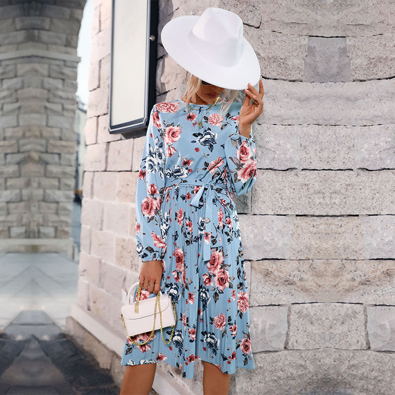 Damen Plissiertes Midikleid mit langen Ärmeln, Taillengürtel und floralem Print Shop Nory