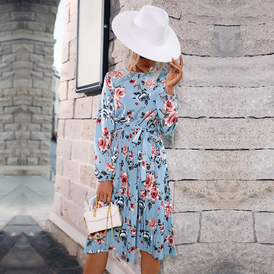 Damen Plissiertes Midikleid mit langen Ärmeln, Taillengürtel und floralem Print Shop Nory