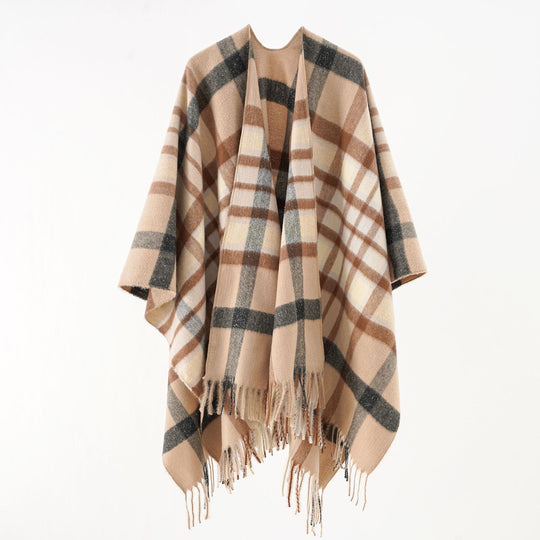 Damen Übergroßer Karierter Wollponcho mit Fransen Shop Nory