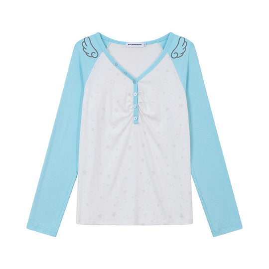 Damen Langarm-Henleyshirt mit Raglanärmeln, Raffung und Sternenprint Shop Nory