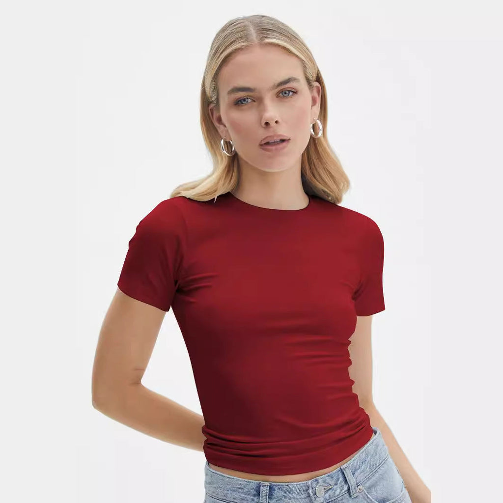 Damen figurbetontes T-Shirt mit Rundhalsausschnitt und kurzem Arm