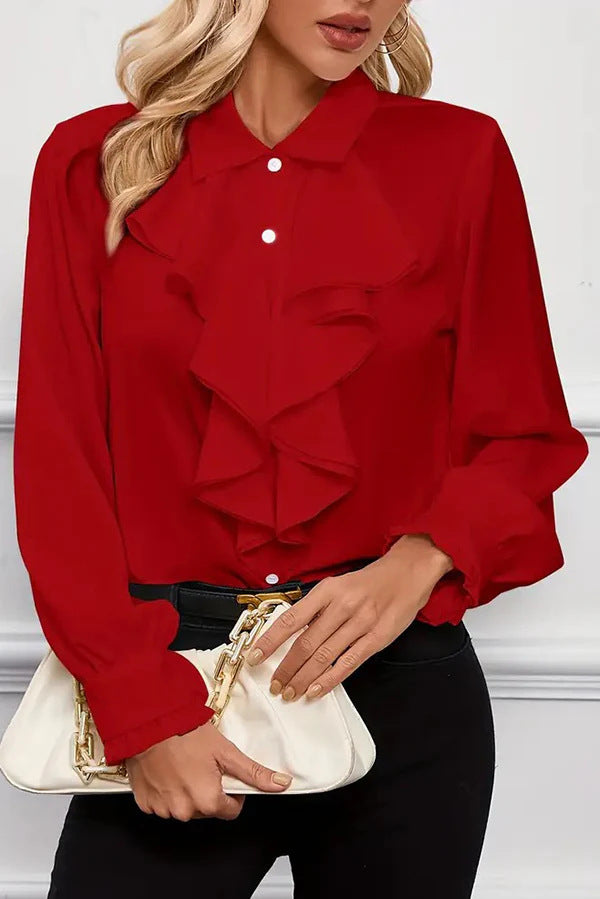 Damen Elegante Rüschenbluse mit Volants, Hemdkragen und Manschetten Shop Nory