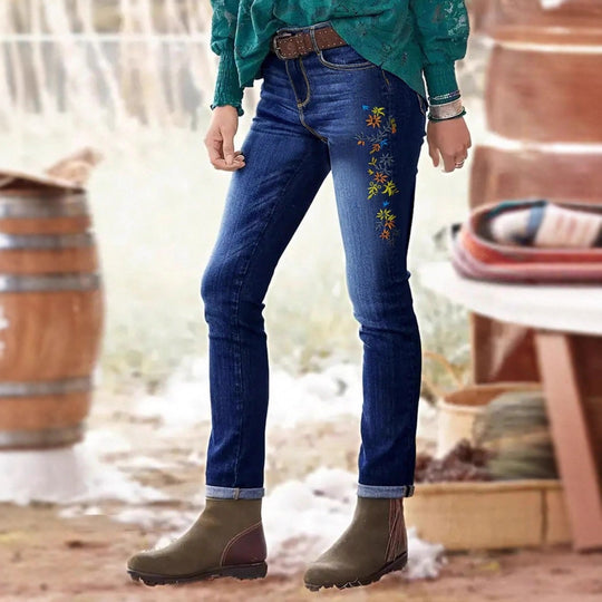 Damen Hochtaillierte Skinny-Jeans mit seitlicher Blumenstickerei Shop Nory